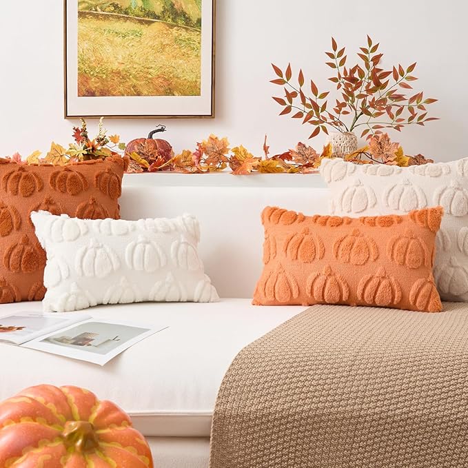 Kevin Textile Fall Pillow Covers 20x20 Inch Set of 2 Soft Pumpkins Decorative Square Pillowcases Plush Autumn Faux Fur Cushions Harvest Gift for Couch Sofa Chair Bedroom Home Decor, Cream White
