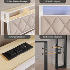 King Headboard Only, Headboard for King Size Bed with Storage, Upholstered Headboards with LED Lights & Charging Station, Attach Frame, Ideal for Bedroom/Dorm/Guest Room, White & Beige