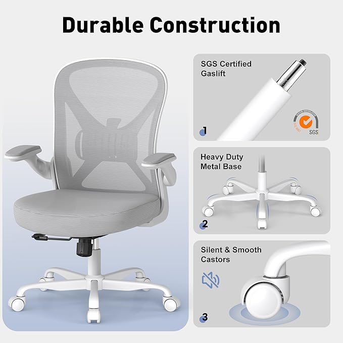 ZZH Ergonomic Office Chair Set of 4 with Adjustable Lumbar Support, Mesh Home Office Desk Chair with Wheels and Flip-up Arms, Grey
