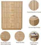 Fluted 5 Drawers Dresser for Bedroom, Wooden Tall Storage Dresser, Modern Chest of Drawers with Metal Handle, Curved Profile Wood Closet Clothes Storage Organizer for Living Room, Hallway, Natural