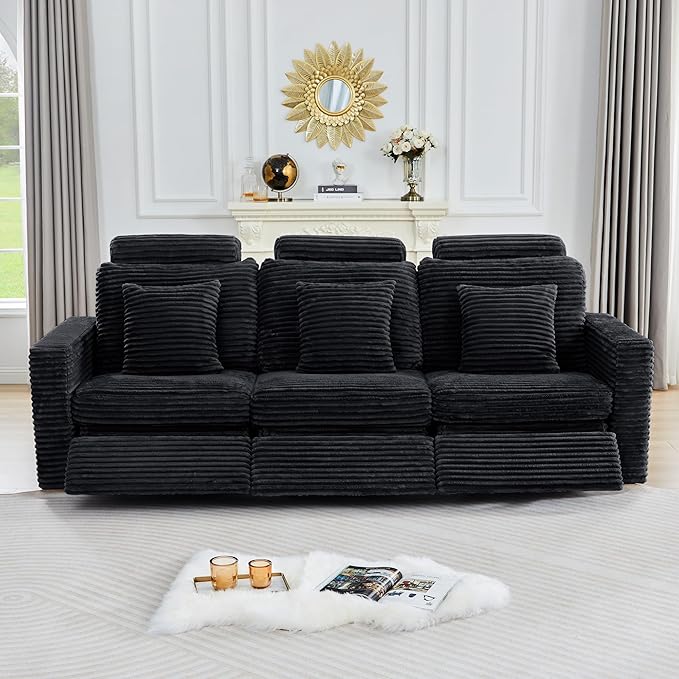ORRD Power Reclining Sectional Sofa, Electric 3 Seat Recliner with 3 Electric Footrest and Adjustable Headrest, Modern Plush Corduroy Fluffy Reclining Sectional with Deep Seat for Living Room-Black