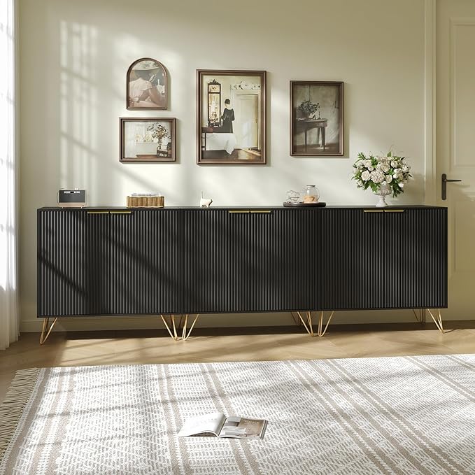 Fluted Storage Cabinet, Set of 3, Sideboard Buffet Cabinet, Modern Wood Accent Cabinet with Adjustable Shelves, Console Table for Living Room, Hallway, Entryway, Black