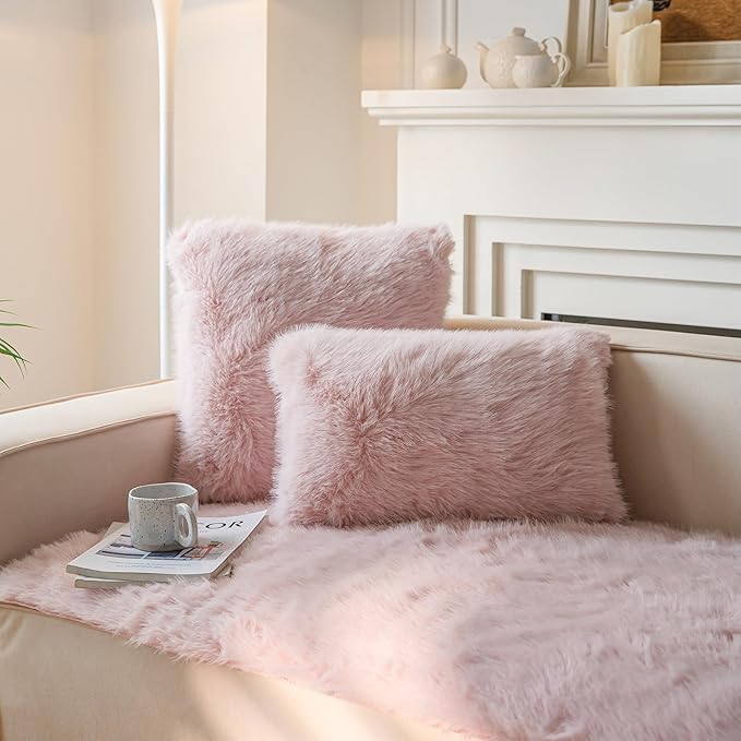 Neelvin Brown Faux Fur Cozy Fluffy Double-Sided Decorative Throw Pillow Covers 12x20 inch Set of 2,Velvet Pillowcase Cushion Case for Sofa Couch