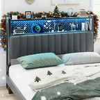 VINGLI Full Size Headboard Only, Adjustable Upholstered Headboard with 2 Tier Shelves and Pegboard with Charging Stations and LED Lights, Modern Bed Headboard with Storage for Bedroom Decor
