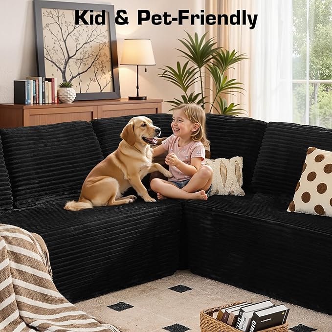 Weaxty Boneless Sectional Couch, Oversized L Shaped Modular Cloud Couches, Plush Corduroy Memory Foam Deep Seat Floor Sofa, No Assembly Required，Black
