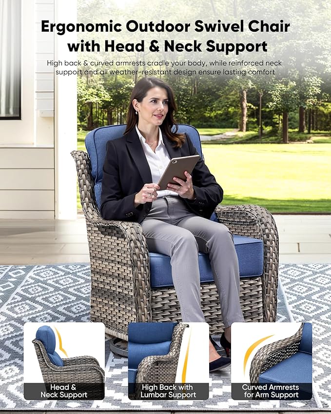 HUMMUH 7 Pieces Wicker Patio Furniture Set with Patio Swivel Chairs Set of 4,High Back Outdoor Sofa Ottomans,6 Inch Thick Cushions Outdoor Conversation Set for Porch, Balcony, Deck