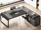 SEDETA 63 Inch Executive Desk, Large Office Desk with File Drawer, L Shaped Desk with Drawers, Computer Desk with Mobile CPU Stand, Storage Shelves, Power Outlets for Home Office, Gray