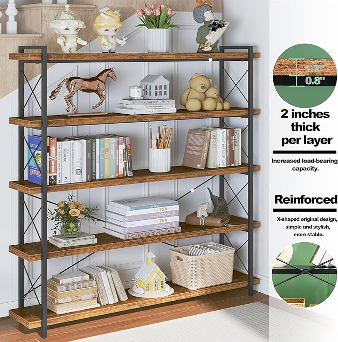 HCHQHS Large Bookshelf, 5-Tier Long Industrial Bookcase, Rustic Brown Book Shelf, Freestanding Horizontal Bookshelves with Metal Frame