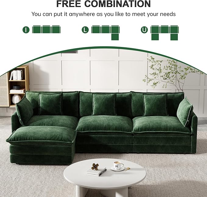 Modular Sectional Sofa, 111.5 Inch L-Shaped Cloud Sofa with Deep Seat Chenille Sofa with Cushions, Three-Self Sectional Sofa for Living Room Apartment,Evergreen