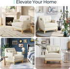 LINSY Accent Chair, Large Reading Chair with Rubberwood Base, Mid Century Modern Armchair with Lumbar Pillow, Cozy Single Sofa Chair for Living Room Bedroom Office Study, Velvet Arm Chair, Beige