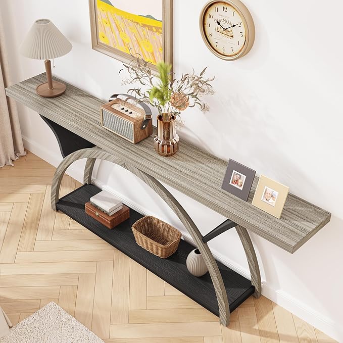 Tribesigns 70.87" Console Table with Storage Shelf, Narrow Long Sofa Table Behind Couch Table, 2-Tier Rustic Entryway Table with Half Moon Frame for Hallway Living Room, Gray & Black (Gray & Black)