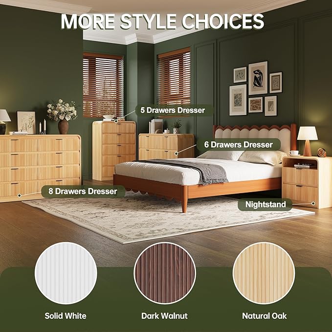 FURSUN Fluted 8 Drawers Dresser for Bedroom, 55" Wide Wooden Dresser with Metal Handle, Curved Profile Design, Modern Storage Organizer for Bedroom, Hallway, Natural Oak