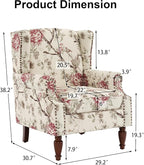Pia Ricco Set of 2 Floral Accent Chairs, High Back Upholstered Armchairs with Retro Wingback Design, Nailhead Trim & Solid Wood Legs for Living Room Bedroom(Flower Beige)
