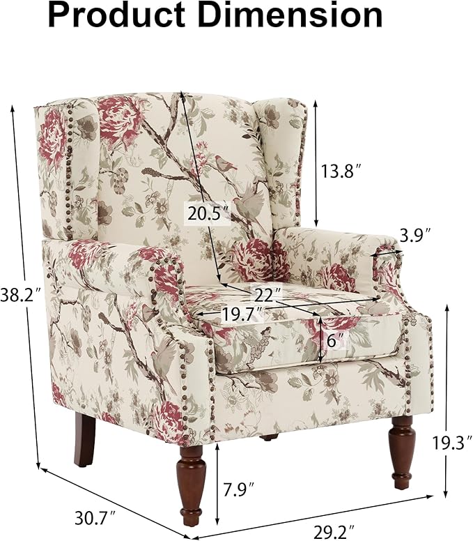 Pia Ricco Set of 2 Floral Accent Chairs, High Back Upholstered Armchairs with Retro Wingback Design, Nailhead Trim & Solid Wood Legs for Living Room Bedroom(Flower Beige)