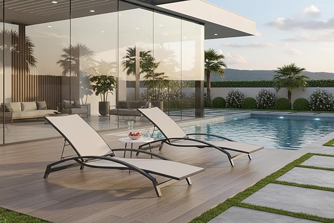 PURPLE LEAF Patio Chaise Lounge Chair Set of 2 Outdoor Lounge Chair with Arm All Weather Adjustable Lounger for Beach Pool Lawn Garden Sunbathing Recliner Beige