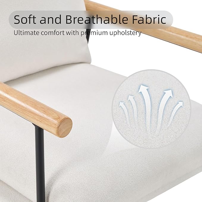 Accent Chair for Living Room,Arm Chair for Bedroom,with Wooden Arms, Wide Large Plus Size Cushion,Metal Frame,Reading Bedroom Chair Armchair for Home/Office/Cafe/Apartment/Waiting Room,White