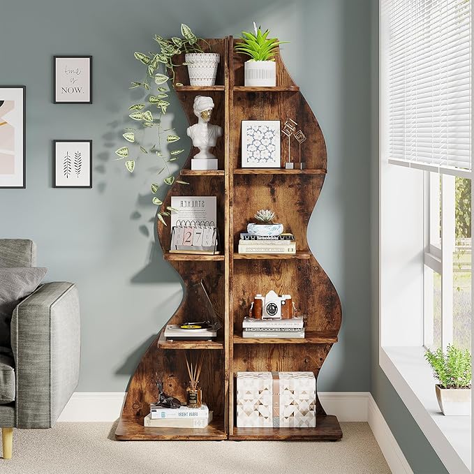 Tribesigns Corner Shelf, Rustic 5-Tier Wall Corner Bookshelf, Stylish Corner Small Bookcase Storage Rack Plant Stand with Unique Shape for Living Room, Home Office (2PCS, Brown)