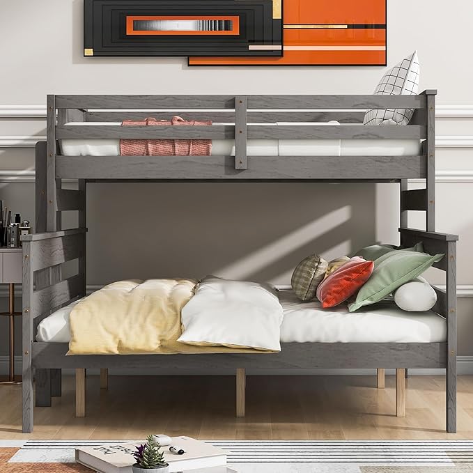 Solid Wood Twin XL Over Queen Bunk Bed with Ladder and Slat Support,Bedroom Detachable Bed Frame w/Easy Assembly & No Box Spring Required,for Kid Adult Boy Girl Teen,Gray