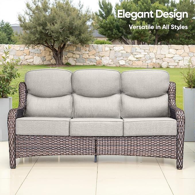 Swivel Patio Chairs Sofa Set of 6 with 6" Thick Cushion - Wicker Outdoor Swivel Rocker Patio Chair,Sofa/Glass Coffee Table, High Back Comfortable Outdoor Glider Chairs - Brown Wicker | Beige Cushions