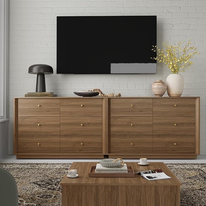 Mid Century Modern Dresser, 6 Drawer Dresser with Storage, 47" Wide Chest of Drawers with Wood Grain Texture, Drawers Organizer for Bedroom, Living Room, Hallway, Walnut