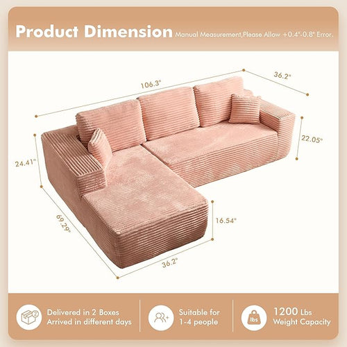 106" Cloud Sectional Couch with L-Shape Chaise, No Assembly Modular Sofa, Deep Seat Plush Corduroy Boneless Couched for Living Room (Pink Plush Corduroy, Left Facing Chaise)