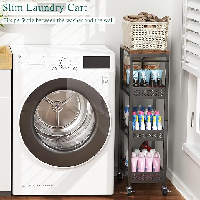 Slim Storage Cart 4 Tier Fruit and Vegetable Baskets for Kitchen Small Space, Narrow Laundry Cart on Wheels with Wooden Top and Metal Handle for Pantry, Bathroom, Laundry Room