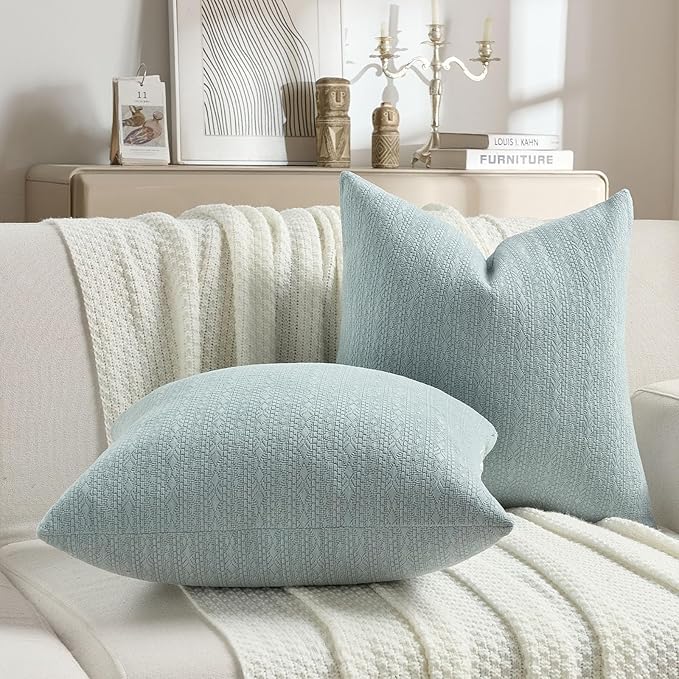 FUTEI Dusty Blue Chenille Throw Pillow Covers 24x24 Inch Set of 2,Soft Striped & Diamond Textured European Cushion Cases,Modern Home Decor for Couch Living Room