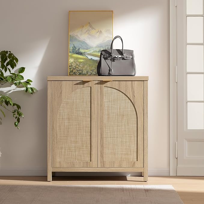 SICOTAS Rattan Sideboard Buffet Cabinet with Storage, Mid Century Modern Credenza Storage Cabinet with Arch Doors & Shelves Boho Coffee Bar Media Console Cabinets for Kitchen, Living Room, Entryway