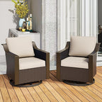 Patio Metal Swivel Chairs Set of 2, Wicker Conversation Furniture Set, Upholstered & 360 Degree Glider Rockers Armchairs, PE Rattan, Metal armrests, Terrace (Beige and Brown Stripe)
