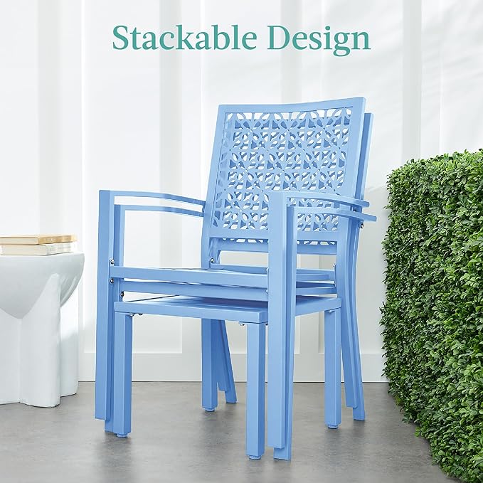 Best Choice Products 3-Piece Outdoor Bistro Set, Stackable Modern Steel Furniture for Porch, Garden w/ 2 Chairs, Table, Geometric Decor - Sky Blue