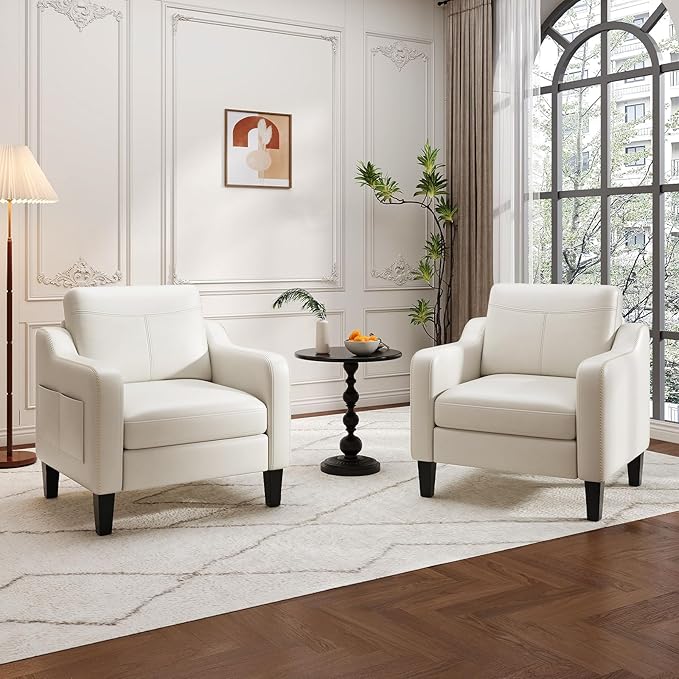 PU Leather Accent Chair Set of 2, Mid-Century Modern Living Room Armchair Sofa with Removable Cushions, Solid Wood Frame & Stitched Armrest Design, Bedroom Chair with Plastic Legs, Beige
