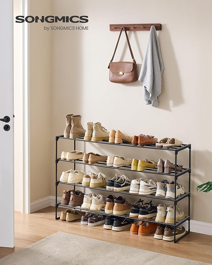 SONGMICS Shoe Rack, 4-Tier Shoe Organizer, Metal Storage Shelf, Upright or Upside Down, for 25-30 Pairs, Stackable, for Entryway, 11.8 x 46.1 x 29.5 Inches, Black ULSA034B01