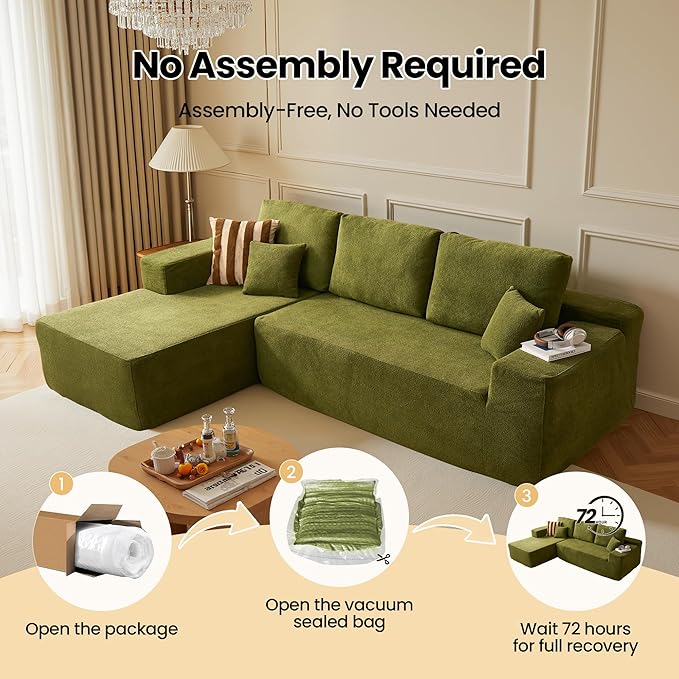 104" Cloud Sectional Couch with Chaise, Boneless L-Shaped Cloud Couch with Deep Seat, Modern Minimalist Sofa, Assembly Free Comfy Sofa for Office Living Room Study Room Apartment(Green, Left Chaise)