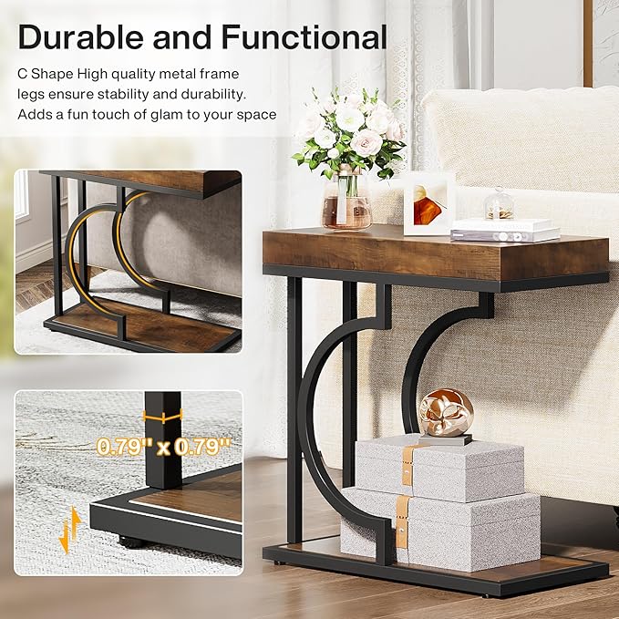 Tribesigns Narrow Side Table Brown Black C Shaped End Table Modern Bedside Tables for Couch, Small Sofa Tables with Metal Frame for Living Room (1, Brown+Black)