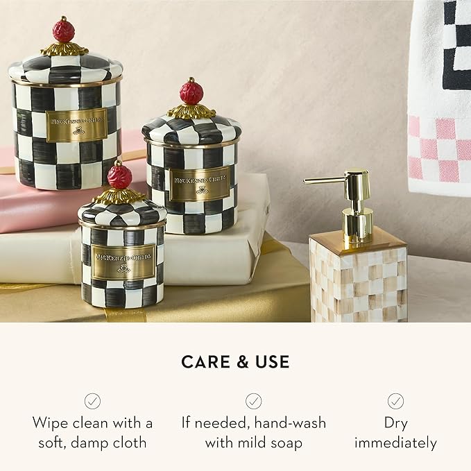 MACKENZIE-CHILDS Enamel Canister Set, Mini (14 oz.), Demi (24 oz.), and Small (38 oz.) Kitchen Containers, Black-and-White Courtly Check