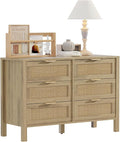6 Drawer Dressers for Bedroom, Rattan Dresser with Drawers, Modern Wood Dresser with Metal Handles, Chest of Drawers for Bedroom, Living Room, Entryway (6 Drawer)