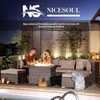 NICESOUL 7 Piece Modern Outdoor Couch with Fire Pit Natural Gas/Propane, 29.3 High Back XL Large Size Wicker Patio Conversation, Elegant Deep Seating Comfy Sectional Furniture Set for Deck Porch, Gay