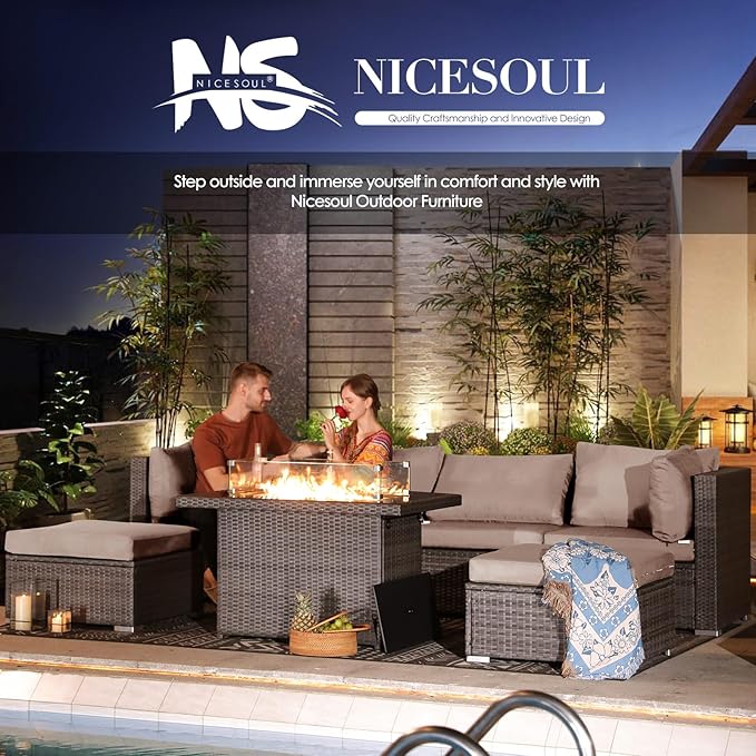 NICESOUL 7 Piece Modern Outdoor Couch with Fire Pit Natural Gas/Propane, 29.3 High Back XL Large Size Wicker Patio Conversation, Elegant Deep Seating Comfy Sectional Furniture Set for Deck Porch, Gay