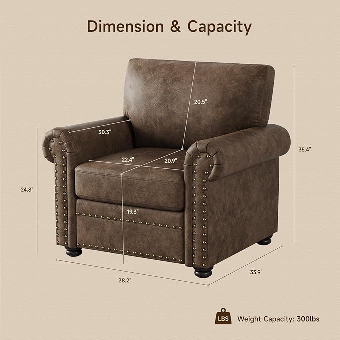 ONBRILL Nailhead Trim Accent Chair, Faux Leather Club Chair for Living Room, Comfy Armchair with Springs Cushions & Solid Wood Legs, Traditional Rolled Arms Single Sofa for Bedroom, Apartment, Brown