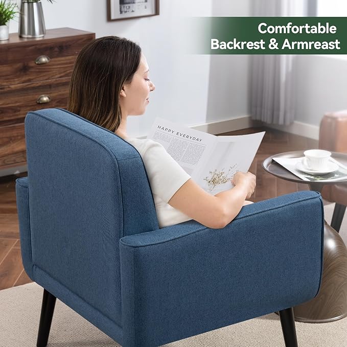 Mid Century Accent Chair, Fabric Modern Chair with Wooden Frame, Cozy Armchair Reading Chair with Comfy Back for Apartment, Living Room, Bedroom, Waiting Room, Small Space, Corner, Blue