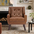 Faux Leather Accent Chair, Mid-Century Modern Upholstered Armchair, Comfy Living Room Chairs Reading Chairs with Button Tufted Back & Solid Wood Legs for Bedroom, Office, Coffee