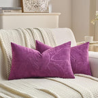 FUTEI Purple Velvet Throw Pillow Covers 12x20 Inch Set of 2,Soft Embossed Leaf-Relief Textured Lumbar Pillow Cases,Natural Home Decor for Couch Living Room