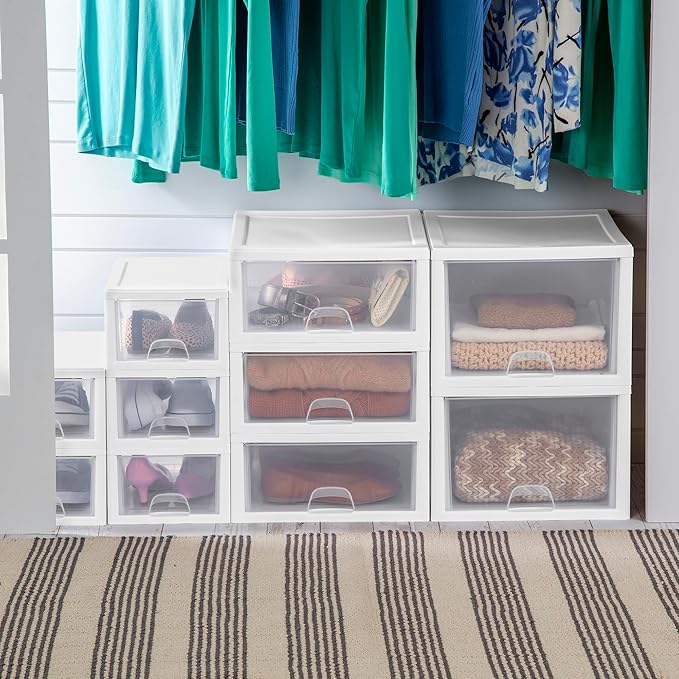 Sterilite 18-Pack Stacking Drawers, Clear Storage Closet Organizer, White Frame, 6 Quart