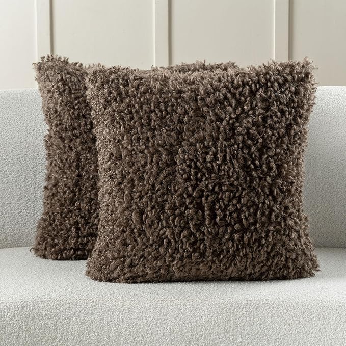 FUTEI Chocolate Decorative Throw Pillow Covers 26x26 Inch Set of 2,Soft Fluffy Faux Wool Fur Boucle Textured Euro Pillow Shams,Modern Home Decor for Couch Bed Living Room Office