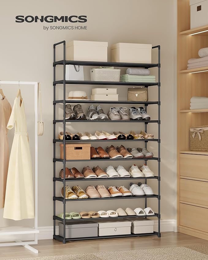 SONGMICS Shoe Rack, 10-Tier Shoe Organizer, Metal Storage Shelf, Upright or Upside Down, for 44-55 Pairs, for Entryway, 11.8 x 36.2 x 68.1 Inches, Black ULSA011B01