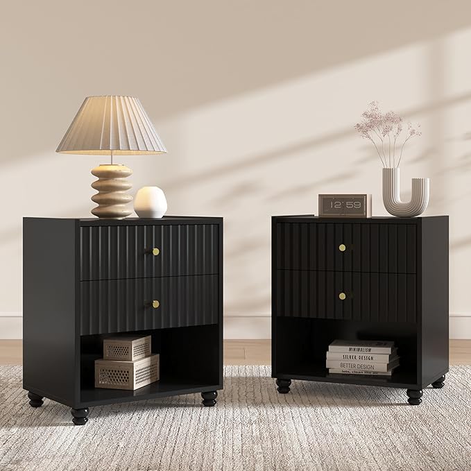 Modern Nightstand Set of 2, Fluted End Table with Open Shelf, Night Stand with 2 Drawers for Bedroom (2,Black)