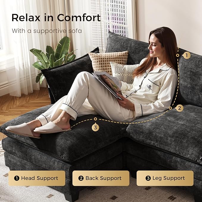 KKL Modular Sectional Sofa, J-Shaped 5 Seater Convertible L-Shaped Cloud Couch with Ottoman, Chenille Modern Sectional Couches for Living Room, Apartment Black
