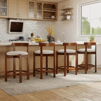 COSTWAY 24” Counter Height Bar Stools Set of 2, Linen Upholstered Bar Chairs with Backrests and Footrests, Wood High Barstools for Kitchen Island and Dining Room (Walnut)