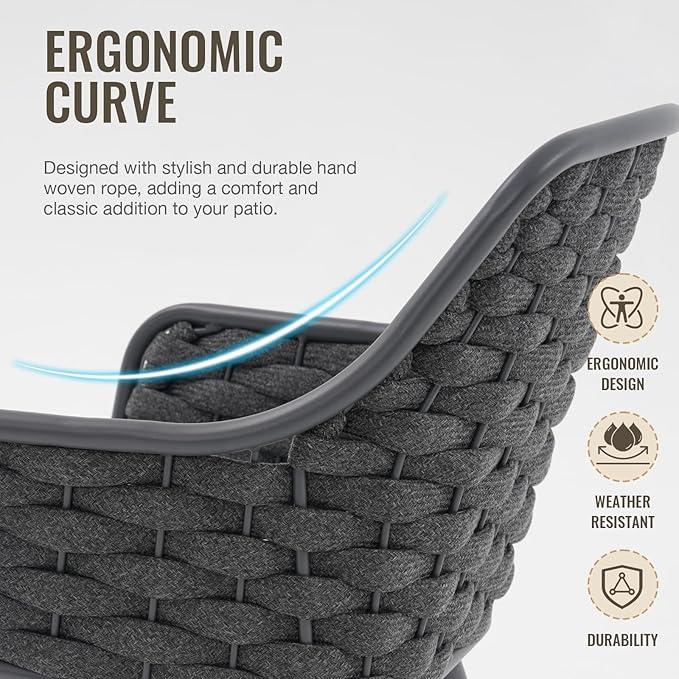 SUNSITT Outdoor Dining Chairs Set of 2, Metal Outdoor Patio Dining Chairs with Weather-Resistant Cushions, Woven Rope Chairs Outdoor with Armrest Dark Grey Outdoor Furniture Chairs for Backyard