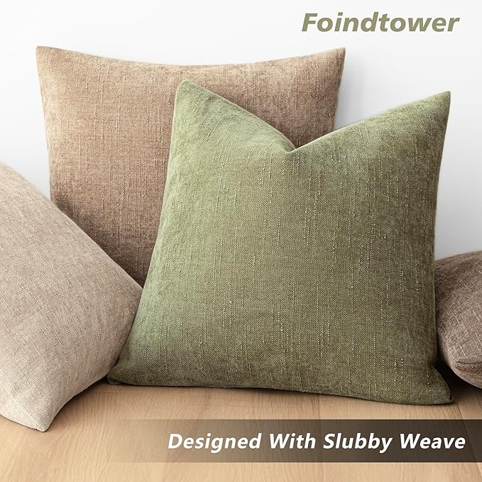 Foindtower Pack of 2 Soft Textured Chenille Throw Decorative Pillow Covers Square Accent Solid Cushion Cover Cozy Neutral Farmhouse Pillow Case for Couch Sofa Bedroom Living Room 26x26 Inch,Sage Green